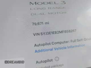 2021 Tesla Model 3 Long Range with VIN 5YJ3E1EB2MF858267, listed as a IAAI auction lot 41782360 with 79,671 mi miles and . Bid and sale history available at DreamBid. Image 7.