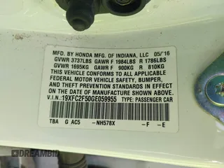 2016 Honda Civic Sedan LX with VIN 19XFC2F50GE059955, listed as a IAAI auction lot 41818158 with 123,282 mi miles. Bid and sale history available at carsss.com. Image 9.