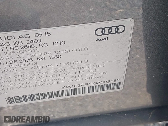 2016 Audi Q5 Premium with VIN WA1C2AFP1GA003182, listed as a IAAI auction lot 42267895 with 74,086 mi miles and . Bid and sale history available at DreamBid. Image 9.