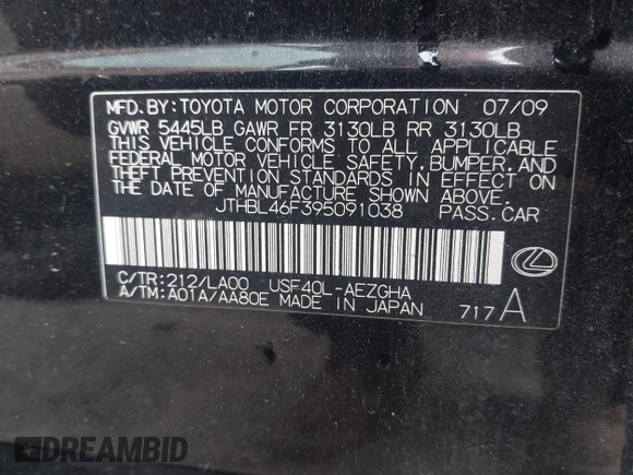 2009 Lexus LS 460 with VIN JTHBL46F395091038, listed as a IAAI auction lot 41723945 with 194,002 mi miles and . Bid and sale history available at DreamBid. Image 9.