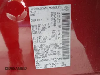 2020 Nissan Rogue SL with VIN 5N1AT2MTXLC787226, listed as a IAAI auction lot 41586213 with 33,281 mi miles. Bid and sale history available at carsss.com. Image 9.