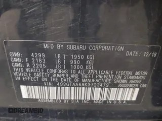 2019 Subaru Impreza with VIN 4S3GTAA68K3723479, listed as a IAAI auction lot 42501963 with 265,165 mi miles and . Bid and sale history available at DreamBid. Image 9.