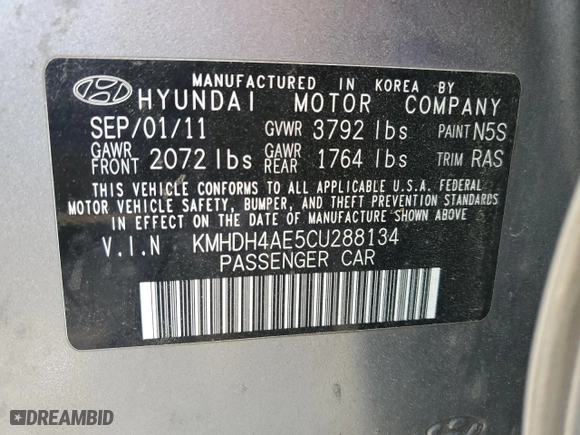 2012 Hyundai Elantra GLS with VIN KMHDH4AE5CU288134, listed as a Copart auction lot 59007454 with 0 mi miles and Non Repairable. Bid and sale history available at carsss.com. Image 12.