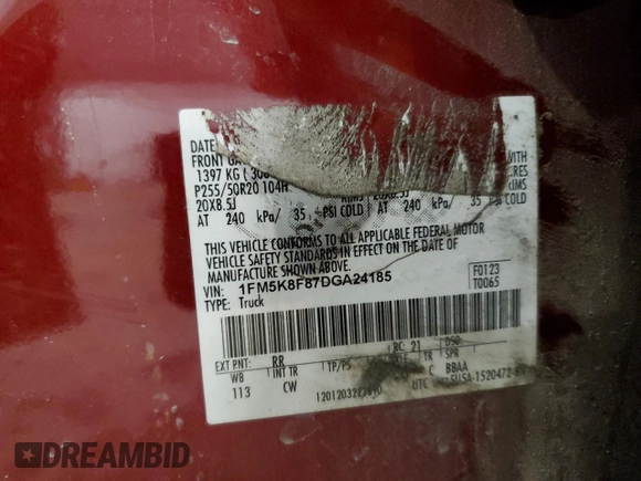 2013 Ford Explorer Limited z VIN 1FM5K8F87DGA24185, wystawiony jako Copart lot #53312335 z przebiegiem Nie podano mil oraz Szkoda całkowita • Salvage title. Historia ofert i sprzedaży dostępna na DreamBid. Obrazek 13.