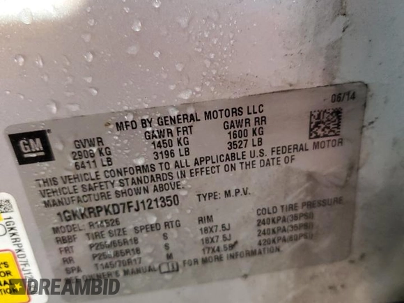 2015 GMC Acadia SLE with VIN 1GKKRPKD7FJ121350, listed as a Copart auction lot 63481565 with 90,776 mi miles and Salvage title. Bid and sale history available at DreamBid. Image 14.