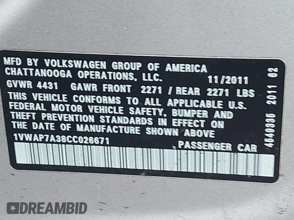 2012 Volkswagen Passat S с VIN 1VWAP7A38CC026671, выставлен на аукционе IAAI как лот 42196429 с пробегом 241 904 миль миль и . История ставок и продаж доступна на DreamBid. Изображение 9.