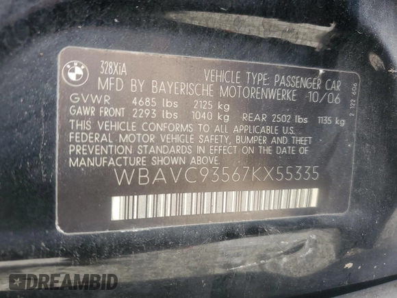 2007 BMW 3 Series 328xi with VIN WBAVC93567KX55335, listed as a Copart auction lot 60911515 with 175,798 mi miles and Salvage title. Bid and sale history available at DreamBid. Image 12.