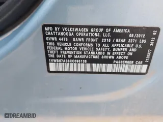 2012 Volkswagen Passat SE with VIN 1VWBH7A38CC095135, listed as a IAAI auction lot 41342748 with 229,365 mi miles. Bid and sale history available at carsss.com. Image 9.