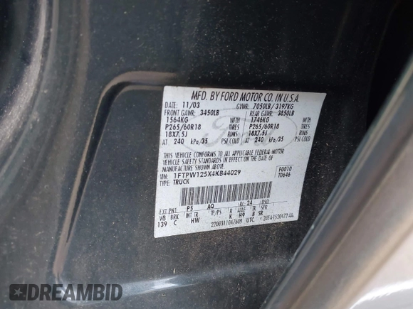 2004 Ford F-150 XLT с VIN 1FTPW125X4KB44029, выставлен на аукционе IAAI как лот 42644722 с пробегом 222 026 миль миль и . История ставок и продаж доступна на DreamBid. Изображение 9.