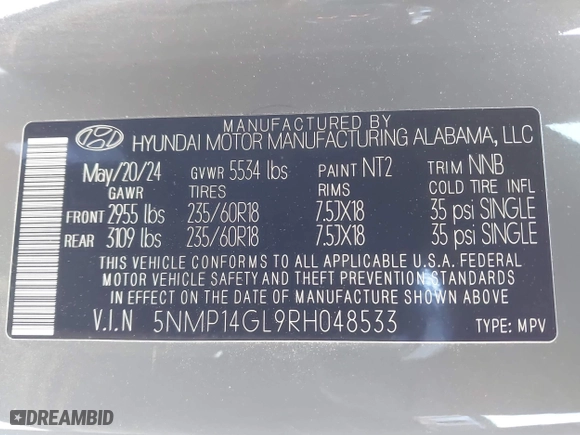 2024 Hyundai Santa Fe SE with VIN 5NMP14GL9RH048533, listed as a IAAI auction lot 41728367 with 7,945 mi miles. Bid and sale history available at carsss.com. Image 9.