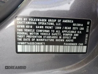 2014 Volkswagen Passat SE z VIN 1VWBT7A32EC090871, wystawiony jako Copart lot #57350735 z przebiegiem 106 002 mil mil oraz Czysty tytuł • Clean title. Historia ofert i sprzedaży dostępna na DreamBid. Obrazek 12.