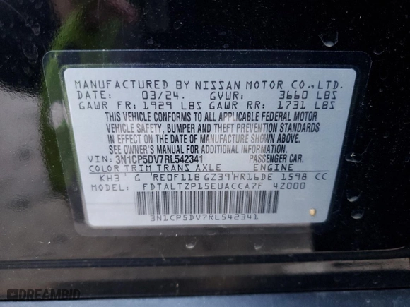 2024 Nissan Kicks SR with VIN 3N1CP5DV7RL542341, listed as a Copart auction lot 47764745 with 1,584 mi miles and Salvage Title. Bid and sale history available at carsss.com. Image 14.