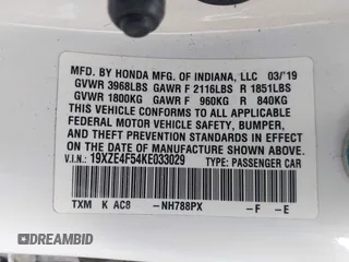 2019 Honda Insight EX with VIN 19XZE4F54KE033029, listed as a IAAI auction lot 41972665 with 75,281 mi miles and . Bid and sale history available at DreamBid. Image 9.