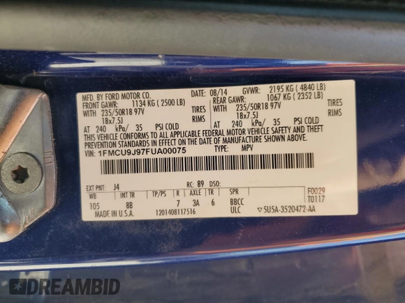 2015 Ford Escape Titanium with VIN 1FMCU9J97FUA00075, listed as a Copart auction lot 54215845 with 99,818 mi miles and Salvage title. Bid and sale history available at DreamBid. Image 12.