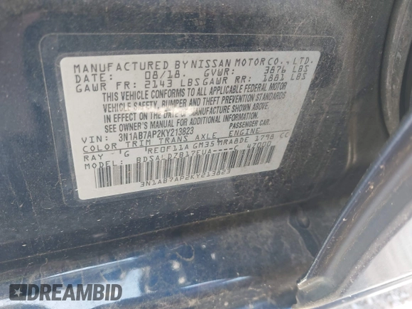 2019 Nissan Sentra SV with VIN 3N1AB7AP2KY213823, listed as a IAAI auction lot 41913777 with 97,011 mi miles and . Bid and sale history available at DreamBid. Image 9.
