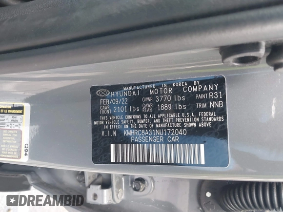 2022 Hyundai Venue SEL with VIN KMHRC8A31NU172040, listed as a IAAI auction lot 42037444 with 26,432 mi miles and . Bid and sale history available at DreamBid. Image 9.