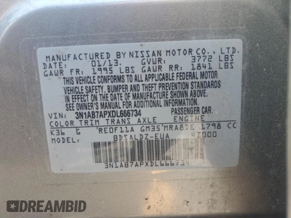 2013 Nissan Sentra SL with VIN 3N1AB7APXDL666734, listed as a Copart auction lot 57734524 with 169,611 mi miles and Non Repairable. Bid and sale history available at DreamBid. Image 12.