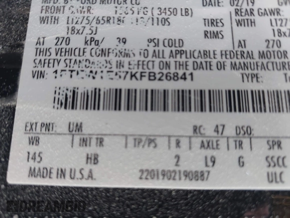 2019 Ford F-150 XL with VIN 1FTEW1E57KFB26841, listed as a IAAI auction lot 42097395 with 83,072 mi miles and . Bid and sale history available at DreamBid. Image 9.