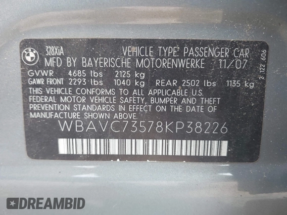 2008 BMW 3 Series 328xi with VIN WBAVC73578KP38226, listed as a IAAI auction lot 42517346 with 170,665 mi miles and . Bid and sale history available at DreamBid. Image 9.