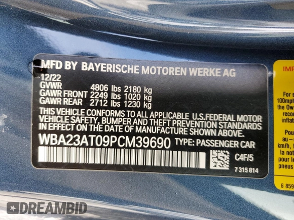 2023 BMW 4 Series 430i with VIN WBA23AT09PCM39690, listed as a Copart auction lot 43609655 with 11,224 mi miles and Salvage Title. Bid and sale history available at carsss.com. Image 14.