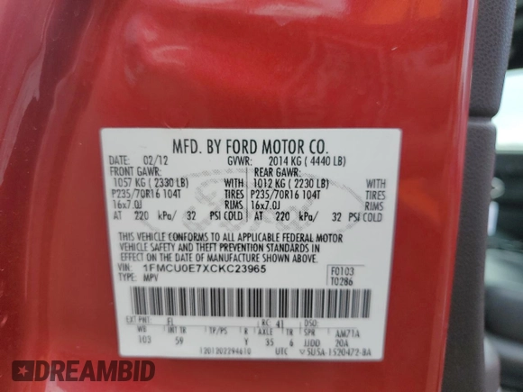 2012 Ford Escape Limited with VIN 1FMCU0E7XCKC23965, listed as a Copart auction lot 53800985 with 85,945 mi miles and Salvage Title. Bid and sale history available at DreamBid. Image 13.
