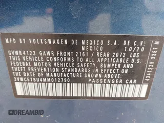 2021 Volkswagen Jetta S with VIN 3VWC57BU4MM012790, listed as a IAAI auction lot 42292471 with 43,833 mi miles and . Bid and sale history available at DreamBid. Image 9.