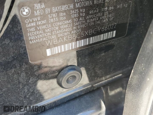 2011 BMW 7 Series 750Li with VIN WBAKB8C5XBCY66022, listed as a Copart auction lot 65729345 with 132,832 mi miles and Clean title. Bid and sale history available at DreamBid. Image 12.