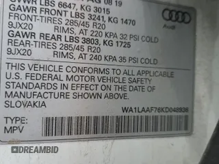 2019 Audi Q7 Premium Plus z VIN WA1LAAF76KD048936, wystawiony jako Copart lot #55641055 z przebiegiem 55 456 mil mil oraz Szkoda całkowita • Salvage title. Historia ofert i sprzedaży dostępna na DreamBid. Obrazek 13.