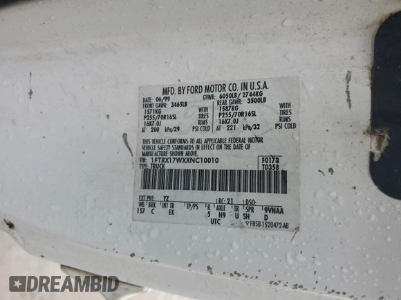 1999 Ford F-150 z VIN 1FTRX17WXXNC10010, wystawiony jako Copart lot #55607785 z przebiegiem Nie podano mil oraz Szkoda całkowita • Salvage title. Historia ofert i sprzedaży dostępna na DreamBid. Obrazek 12.