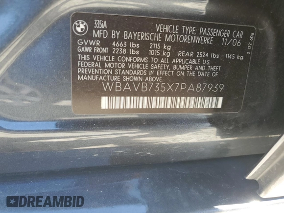 2007 BMW 3 Series 335i with VIN WBAVB735X7PA87939, listed as a Copart auction lot 50524455 with 82,654 mi miles and Salvage Title. Bid and sale history available at carsss.com. Image 12.