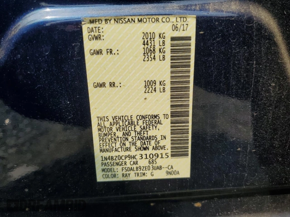 2017 Nissan LEAF SL with VIN 1N4BZ0CP9HC310915, listed as a Copart auction lot 68770673 with 40,229 mi miles. Bid and sale history available at carsss.com. Image 14.