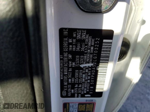 2020 Kia Sorento EX with VIN 5XYPHDA52LG703252, listed as a Copart auction lot 88519845 with 41,155 mi miles and Salvage Title. Bid and sale history available at DreamBid. Image 13.