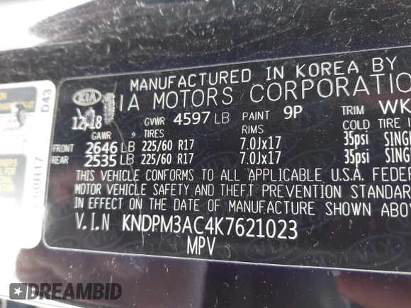 2019 Kia Sportage LX with VIN KNDPM3AC4K7621023, listed as a IAAI auction lot 41981361 with Not Provided miles and . Bid and sale history available at DreamBid. Image 9.