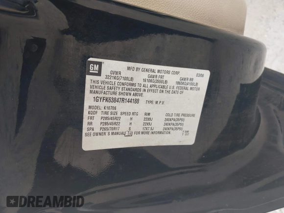 2007 Cadillac Escalade z VIN 1GYFK63847R144188, wystawiony jako IAAI lot #42244242 z przebiegiem 261 035 mil mil oraz . Historia ofert i sprzedaży dostępna na DreamBid. Obrazek 9.