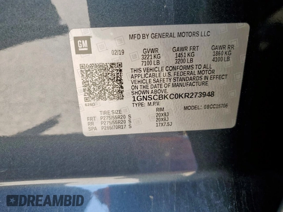 2019 Chevrolet Tahoe LT with VIN 1GNSCBKC0KR273948, listed as a Copart auction lot 61309785 with 155,428 mi miles and Salvage title. Bid and sale history available at DreamBid. Image 13.