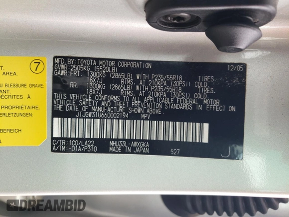 2006 Lexus RX 400h with VIN JTJGW31U660002194, listed as a Copart auction lot 56718845 with 160,858 mi miles and Salvage title. Bid and sale history available at DreamBid. Image 14.