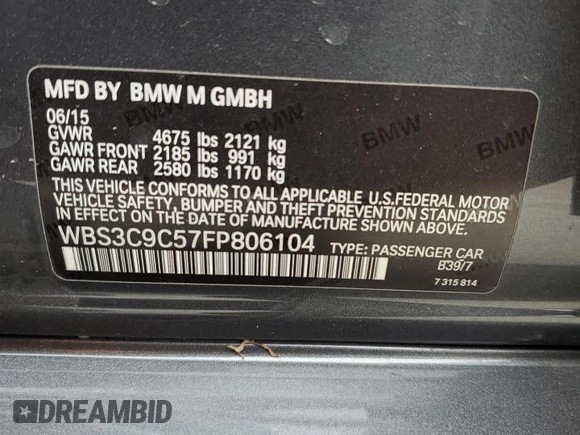 2015 BMW M3 with VIN WBS3C9C57FP806104, listed as a Copart auction lot 66753773 with 90,078 mi miles. Bid and sale history available at carsss.com. Image 12.