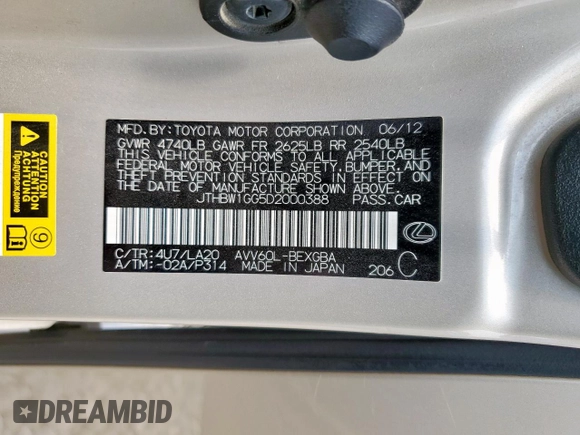 2013 Lexus ES 300h with VIN JTHBW1GG5D2000388, listed as a Copart auction lot 64304265 with 202,302 mi miles and Clean title. Bid and sale history available at DreamBid. Image 12.