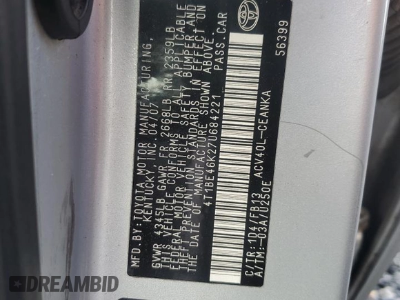 2007 Toyota Camry CE with VIN 4T1BE46K27U684221, listed as a Copart auction lot 52624305 with 222,475 mi miles and Salvage Title. Bid and sale history available at DreamBid. Image 12.
