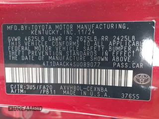 2025 Toyota Camry LE with VIN 4T1DAACK4SU089077, listed as a IAAI auction lot 42166255 with 384 mi miles and . Bid and sale history available at DreamBid. Image 9.