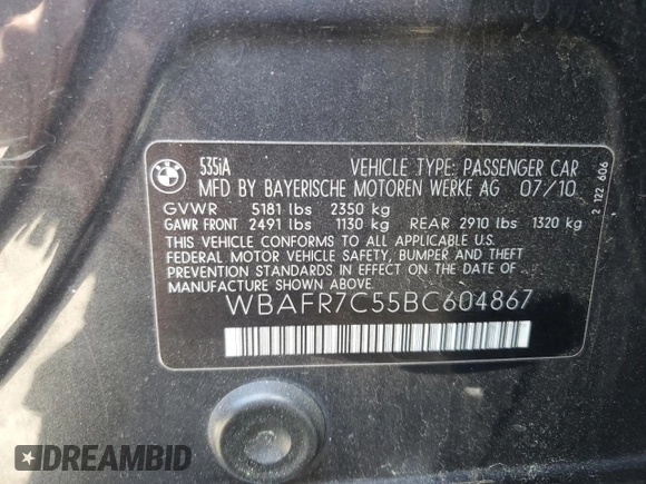 2011 BMW 5 Series 535i z VIN WBAFR7C55BC604867, wystawiony jako Copart lot #52096975 z przebiegiem 196 624 mil mil oraz Szkoda całkowita • Salvage title. Historia ofert i sprzedaży dostępna na DreamBid. Obrazek 12.