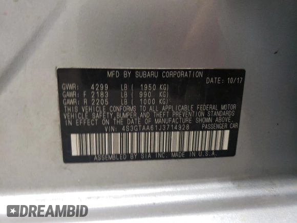 2018 Subaru Impreza с VIN 4S3GTAA61J3714928, выставлен на аукционе Copart как лот 59552555 с пробегом 59 125 миль миль и Списание • Salvage title. История ставок и продаж доступна на DreamBid. Изображение 12.