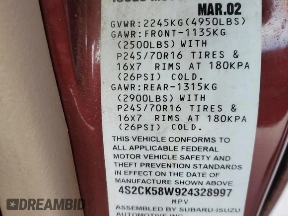 2002 Isuzu Rodeo S z VIN 4S2CK58W924328997, wystawiony jako Copart lot #41454525 z przebiegiem 110 569 mil mil oraz Szkoda całkowita • Salvage title. Historia ofert i sprzedaży dostępna na DreamBid. Obrazek 12.