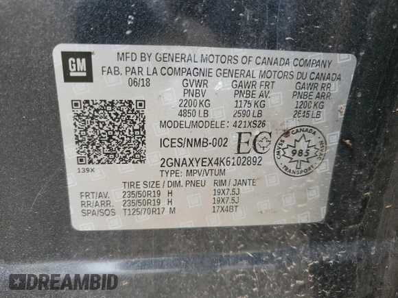 2019 Chevrolet Equinox Premier with VIN 2GNAXYEX4K6102892, listed as a Copart auction lot 55330855 with Not provided miles and Non repairable. Bid and sale history available at DreamBid. Image 13.