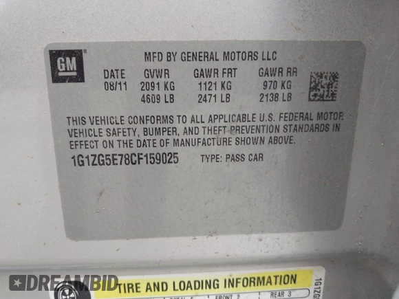 2012 Chevrolet Malibu LTZ with VIN 1G1ZG5E78CF159025, listed as a IAAI auction lot 42117210 with 199,001 mi miles and . Bid and sale history available at DreamBid. Image 9.