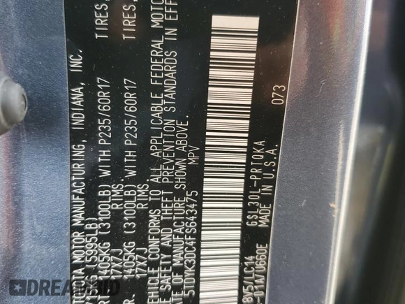 2015 Toyota Sienna XLE with VIN 5TDYK3DC4FS643475, listed as a Copart auction lot 52697405 with 153,808 mi miles and Salvage Title. Bid and sale history available at DreamBid. Image 13.