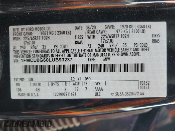 2020 Ford Escape SE с VIN 1FMCU0G60LUB93237, выставлен на аукционе Copart как лот 49292085 с пробегом 40 935 миль миль и Списание • Salvage title. История ставок и продаж доступна на DreamBid. Изображение 13.
