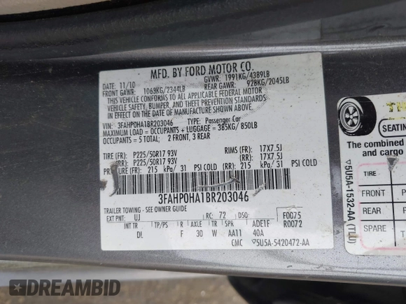 2011 Ford Fusion SE with VIN 3FAHP0HA1BR203046, listed as a IAAI auction lot 42011121 with 302,078 mi miles. Bid and sale history available at carsss.com. Image 9.