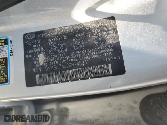 2009 Hyundai Santa Fe Limited с VIN 5NMSH73E29H248961, выставлен на аукционе Copart как лот 57054145 с пробегом 206 831 миль миль и На запчасти • Non repairable. История ставок и продаж доступна на DreamBid. Изображение 12.