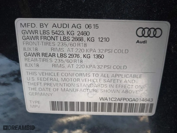 2016 Audi Q5 Premium with VIN WA1C2AFP0GA014643, listed as a IAAI auction lot 41389207 with 122,414 mi miles. Bid and sale history available at carsss.com. Image 9.